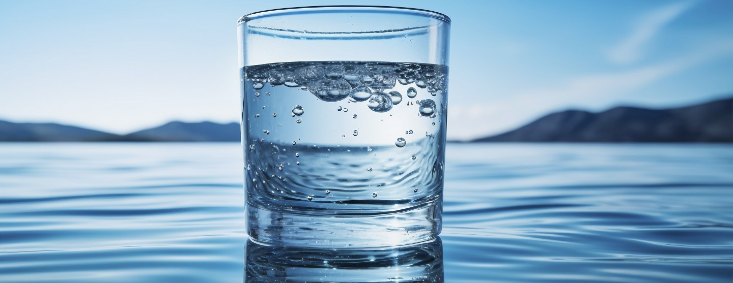 verre rempli d'eau sur un fond de lac, et de montagnes au loin, en tonalité de bleu