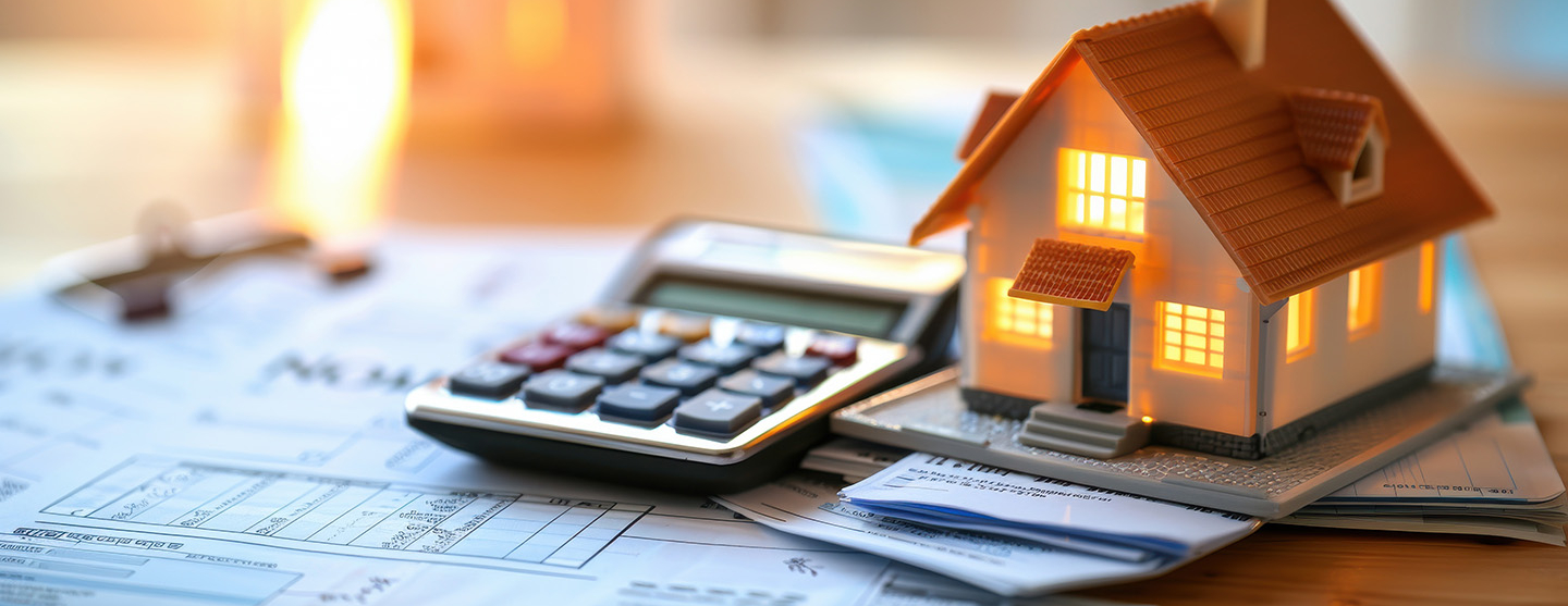 Maison miniature et une calculette posées sur une table