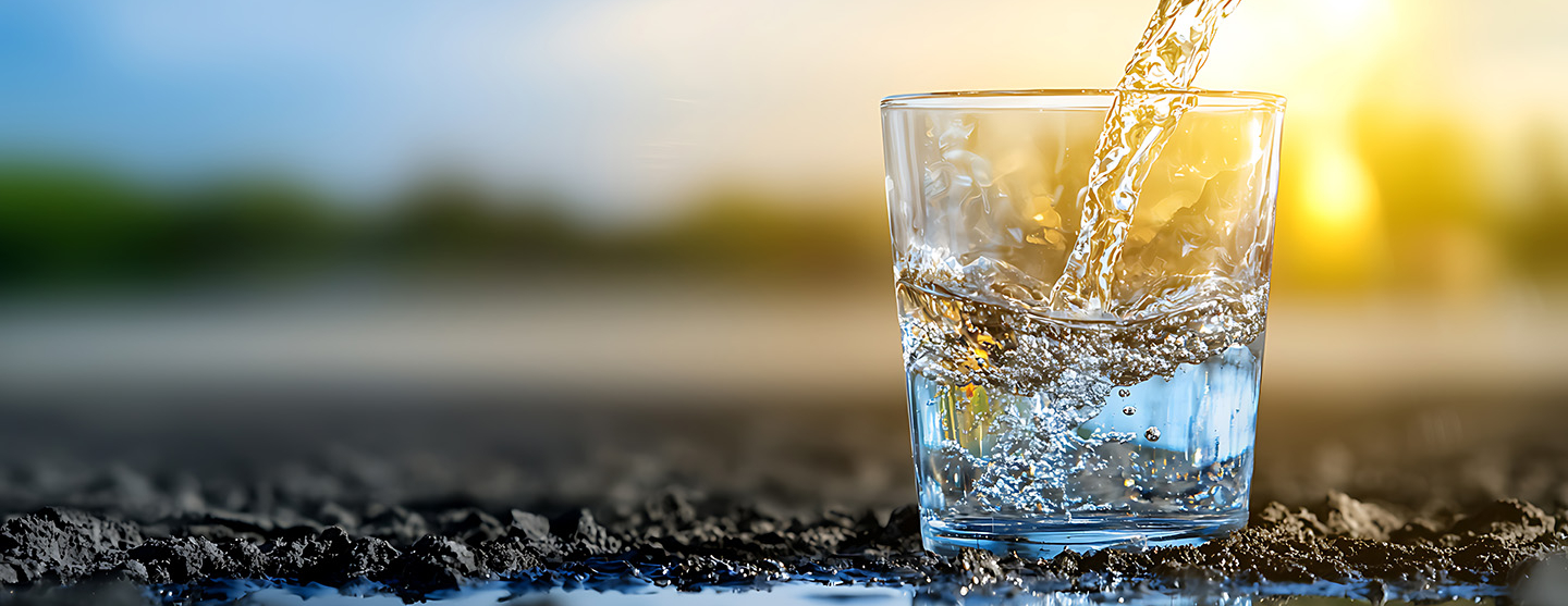 Verre d'eau devant un coucher de soleil